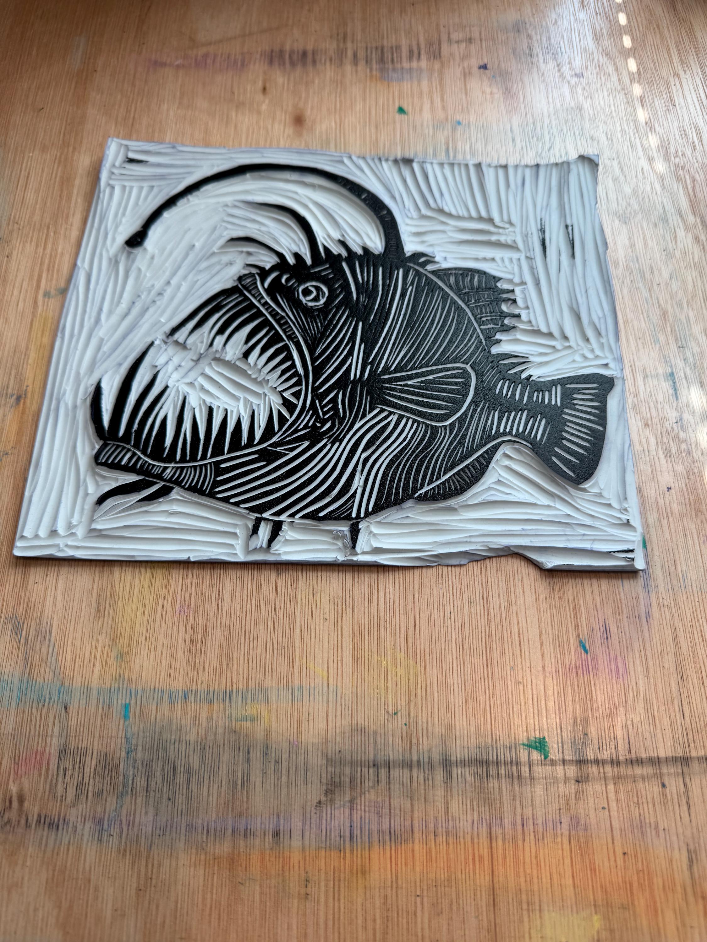 Large  Angler Fish linoleum block print hand printed