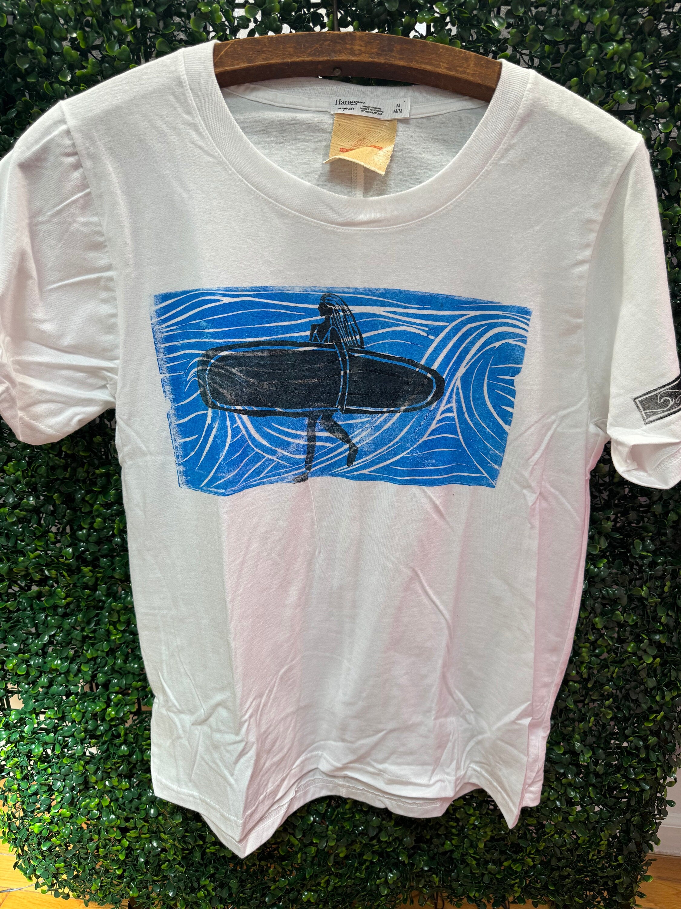 surfer girl wave white hand printed block printed T-shirt