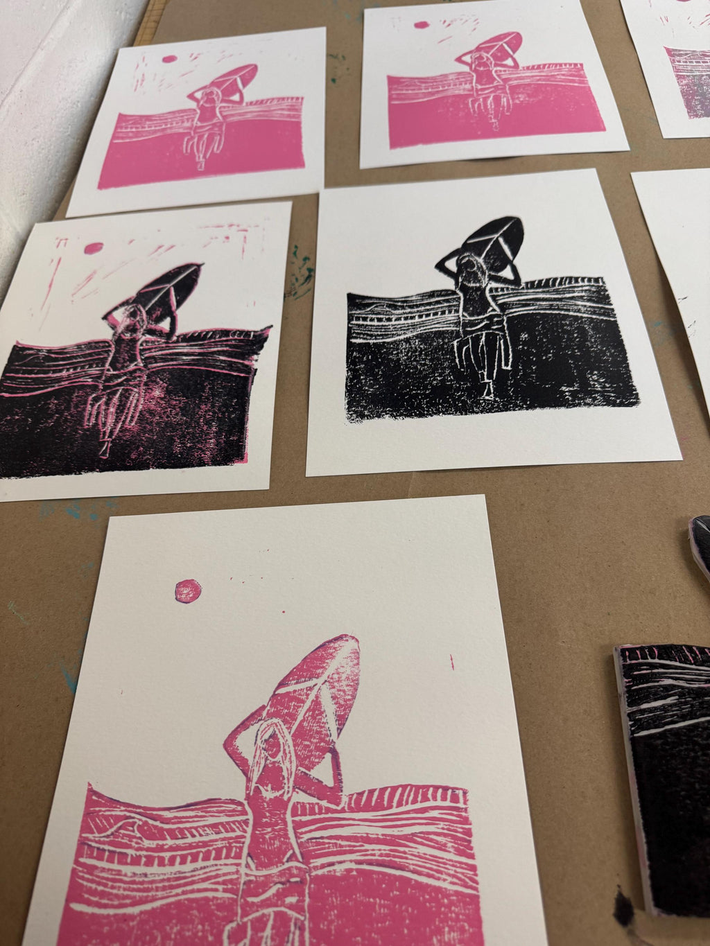 Old Skool Surfer Girl 3 Poster linoleum block print original designs hand printed custom order with your beach town