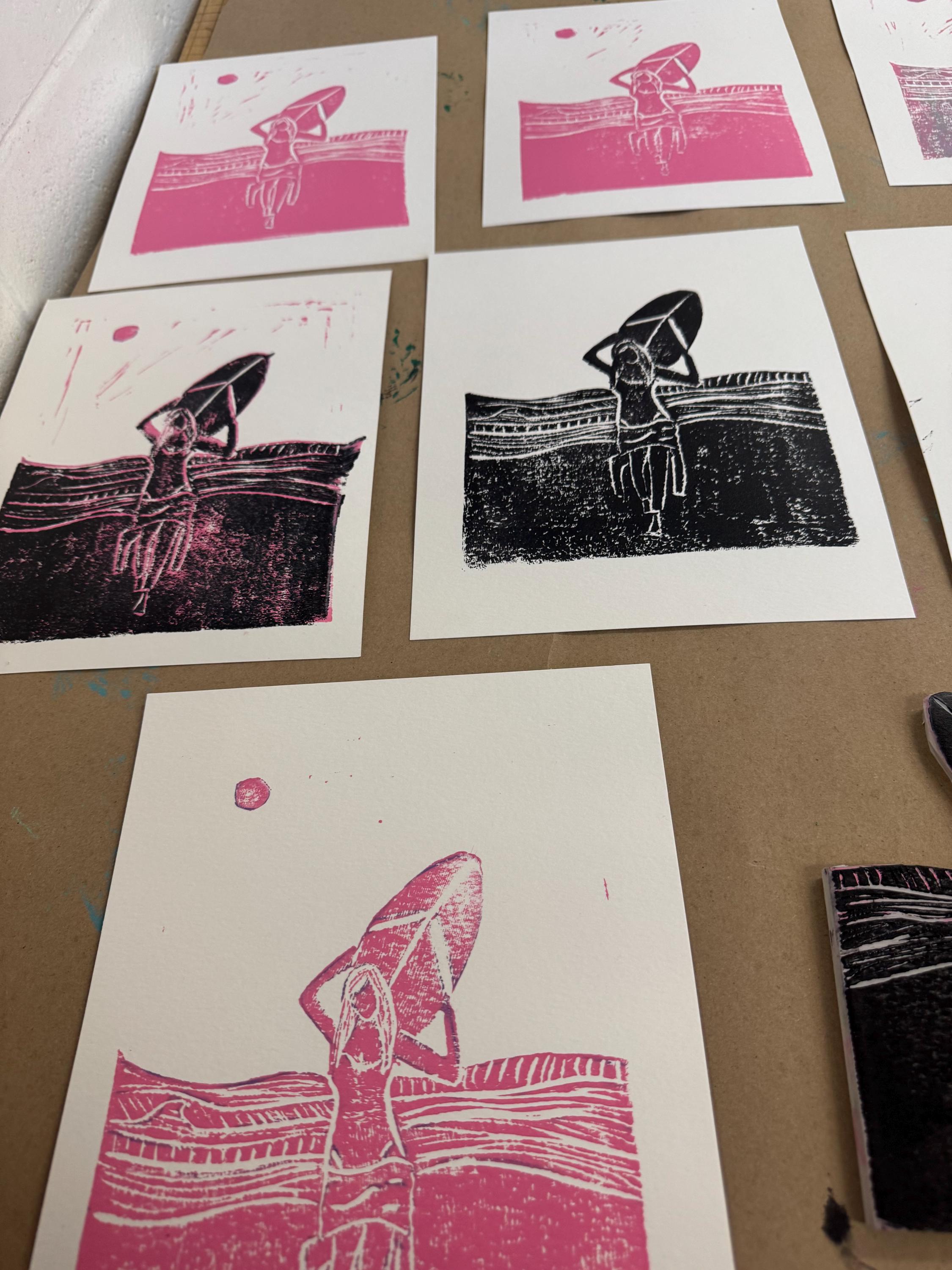 Old Skool Surfer Girl 3 Poster linoleum block print original designs hand printed custom order with your beach town