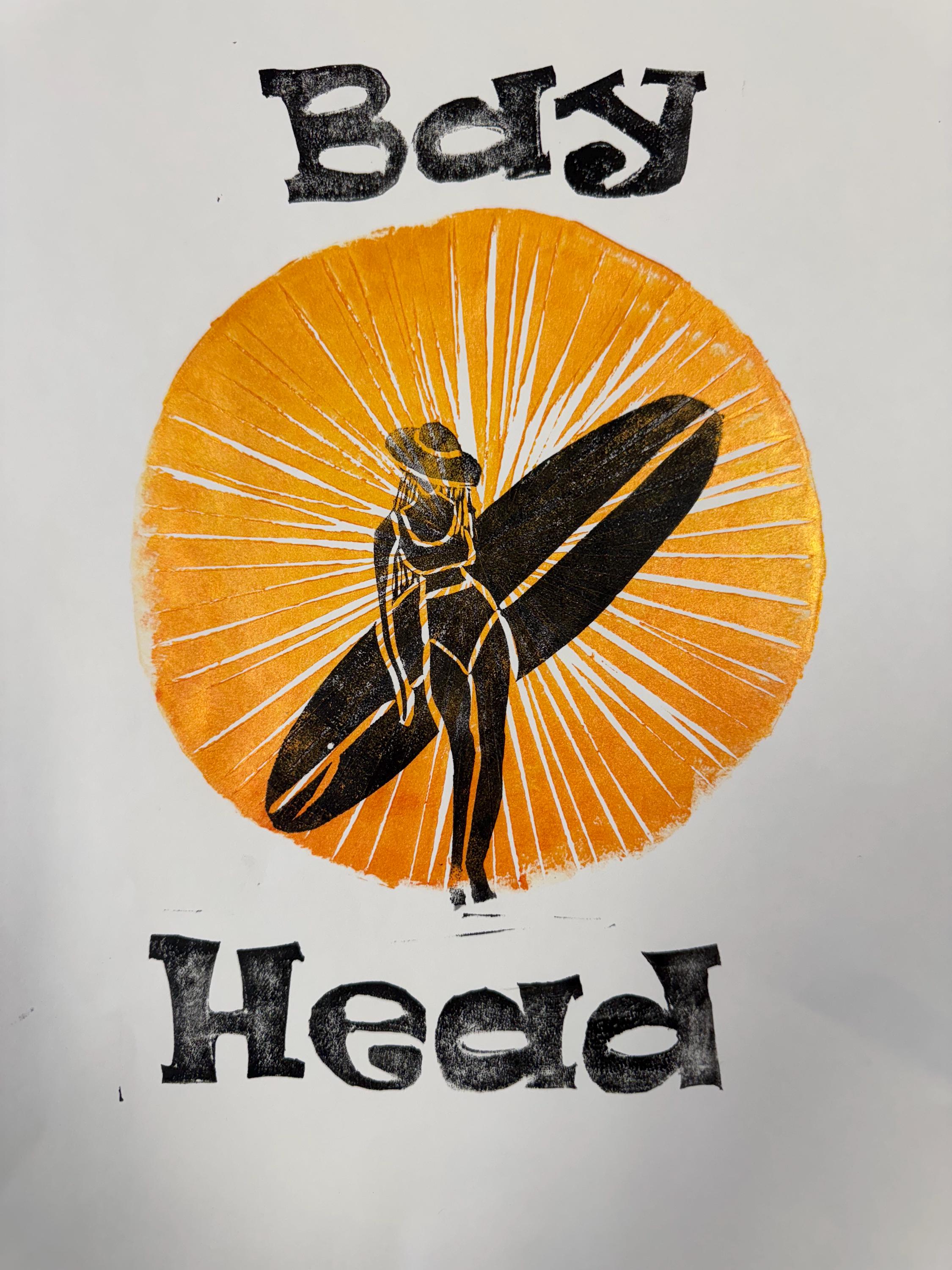 Old Skool Surfer Girl  Poster linoleum block print original designs hand printed custom order with your beach town