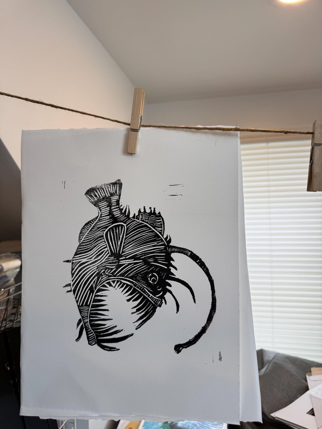 Large  Angler Fish linoleum block print hand printed