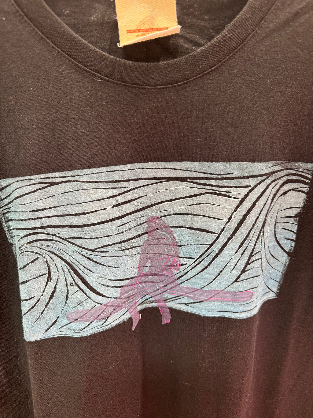 Beach surfer girl with waves  block printed by hand Black T-shirt