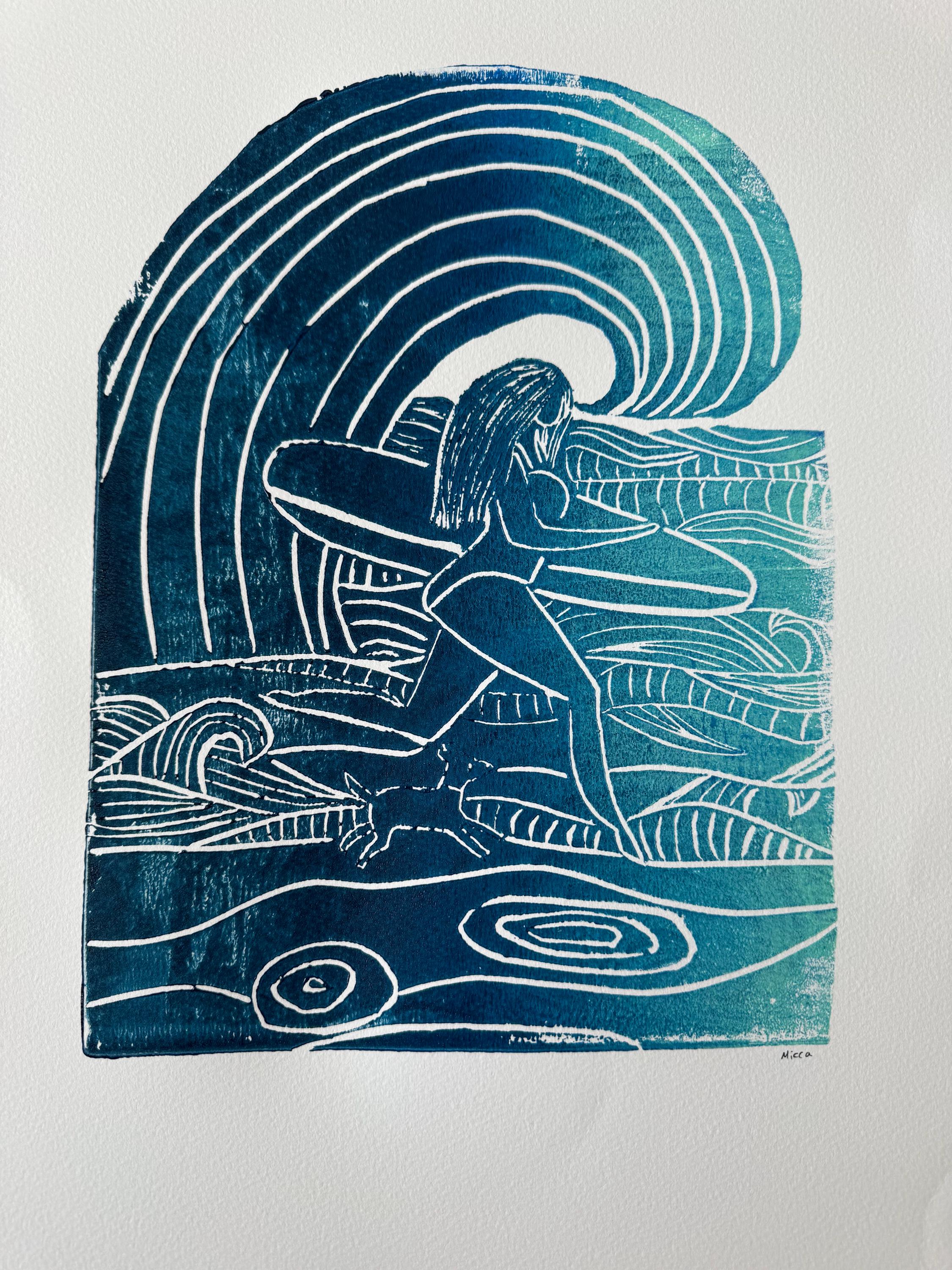 Surfer girl and puppy   linoleum block print original designs hand printed