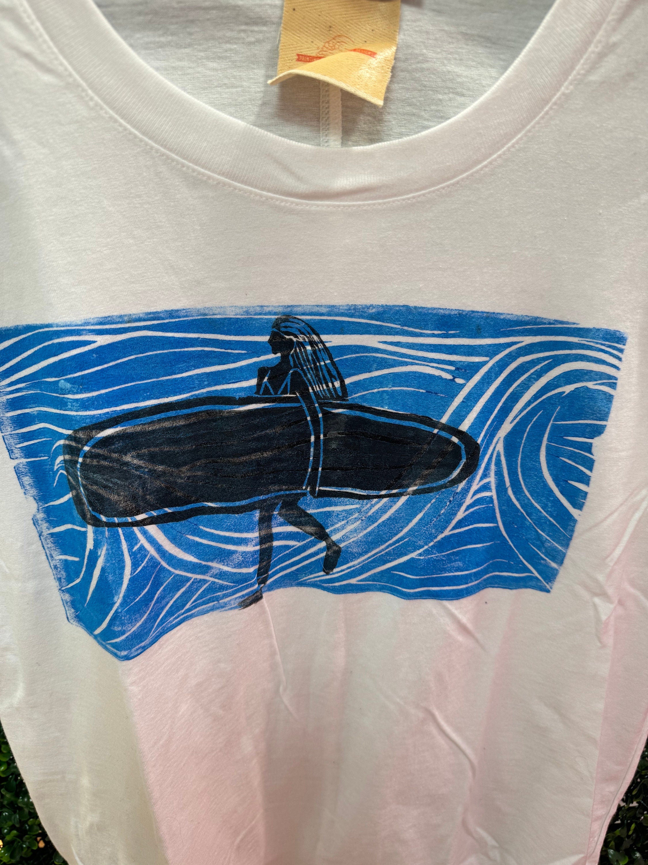 surfer girl wave white hand printed block printed T-shirt