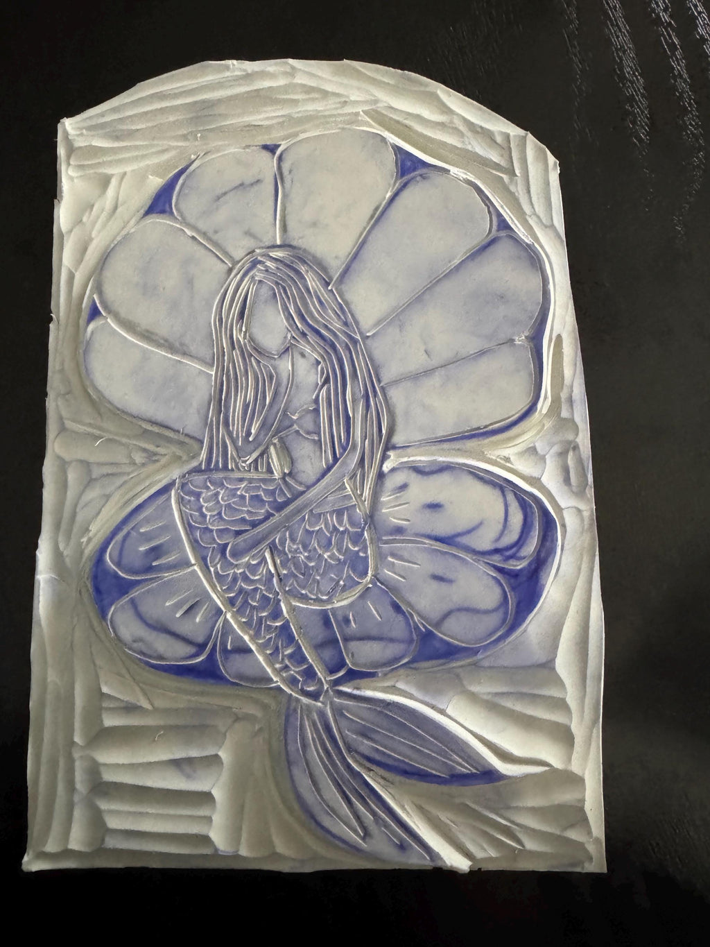Mermaid in a shell  linoleum block print hand printed