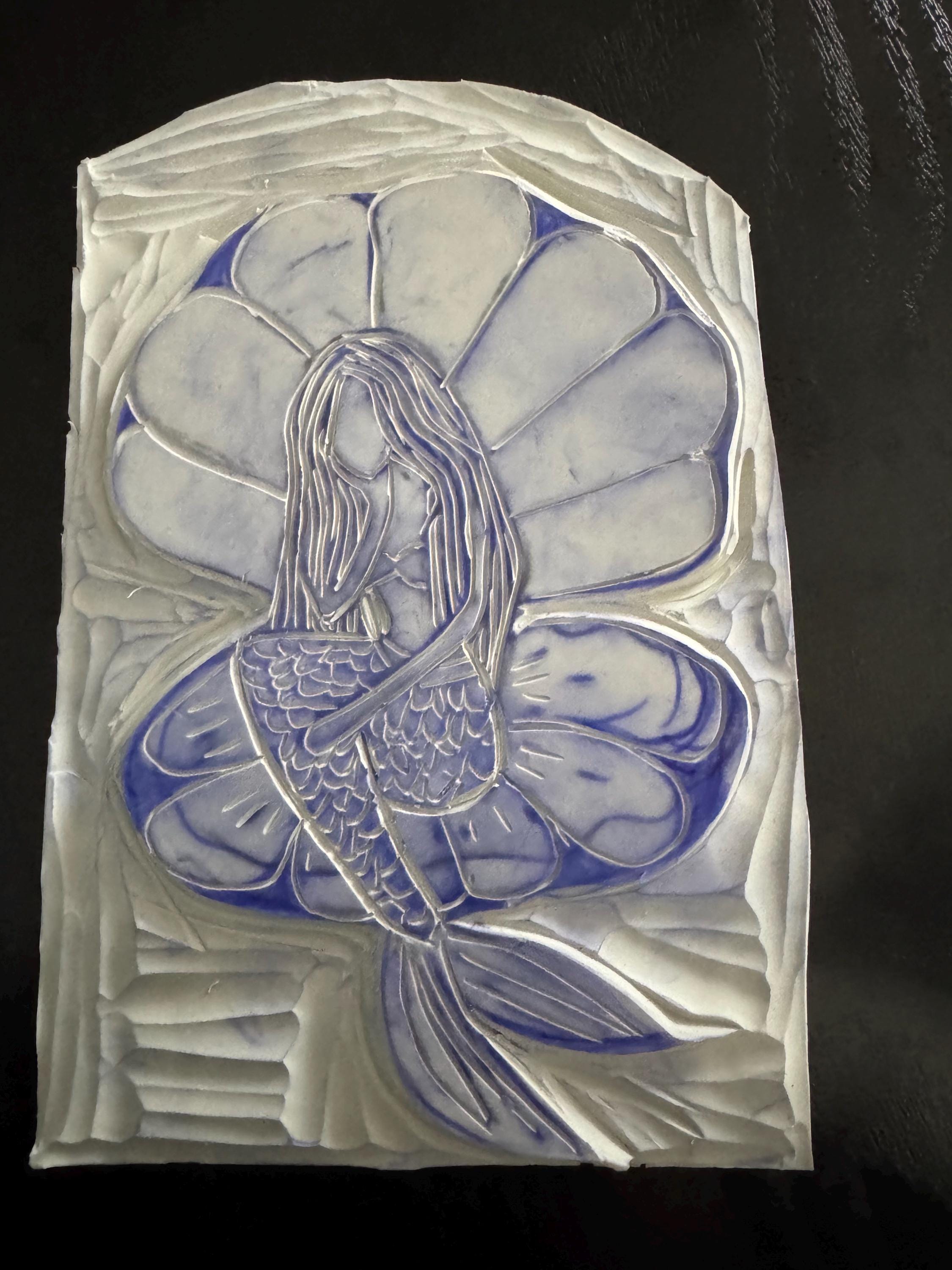 Mermaid in a shell  linoleum block print hand printed