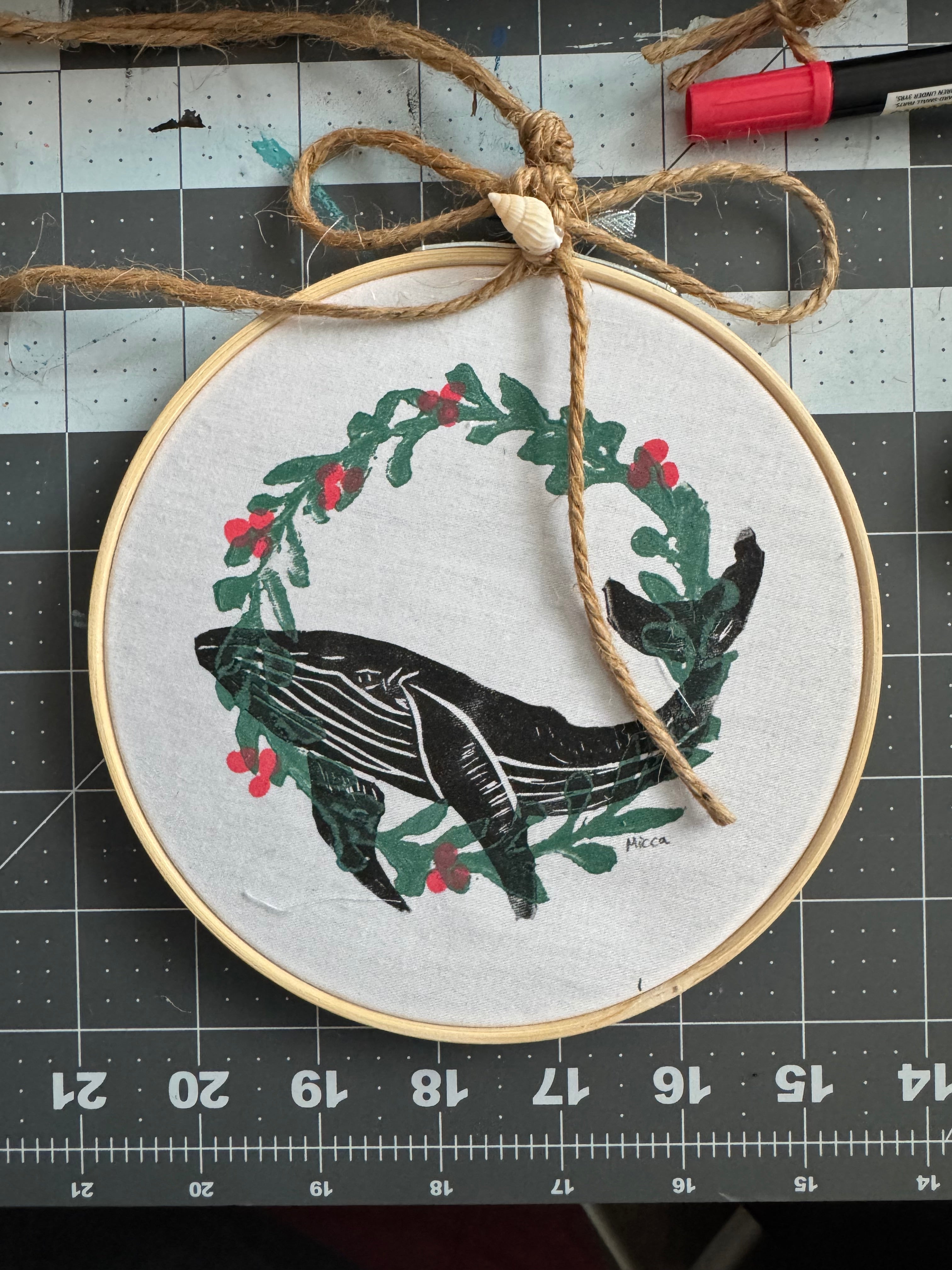 Whale ornament  hand printed block printed unique great gifts
