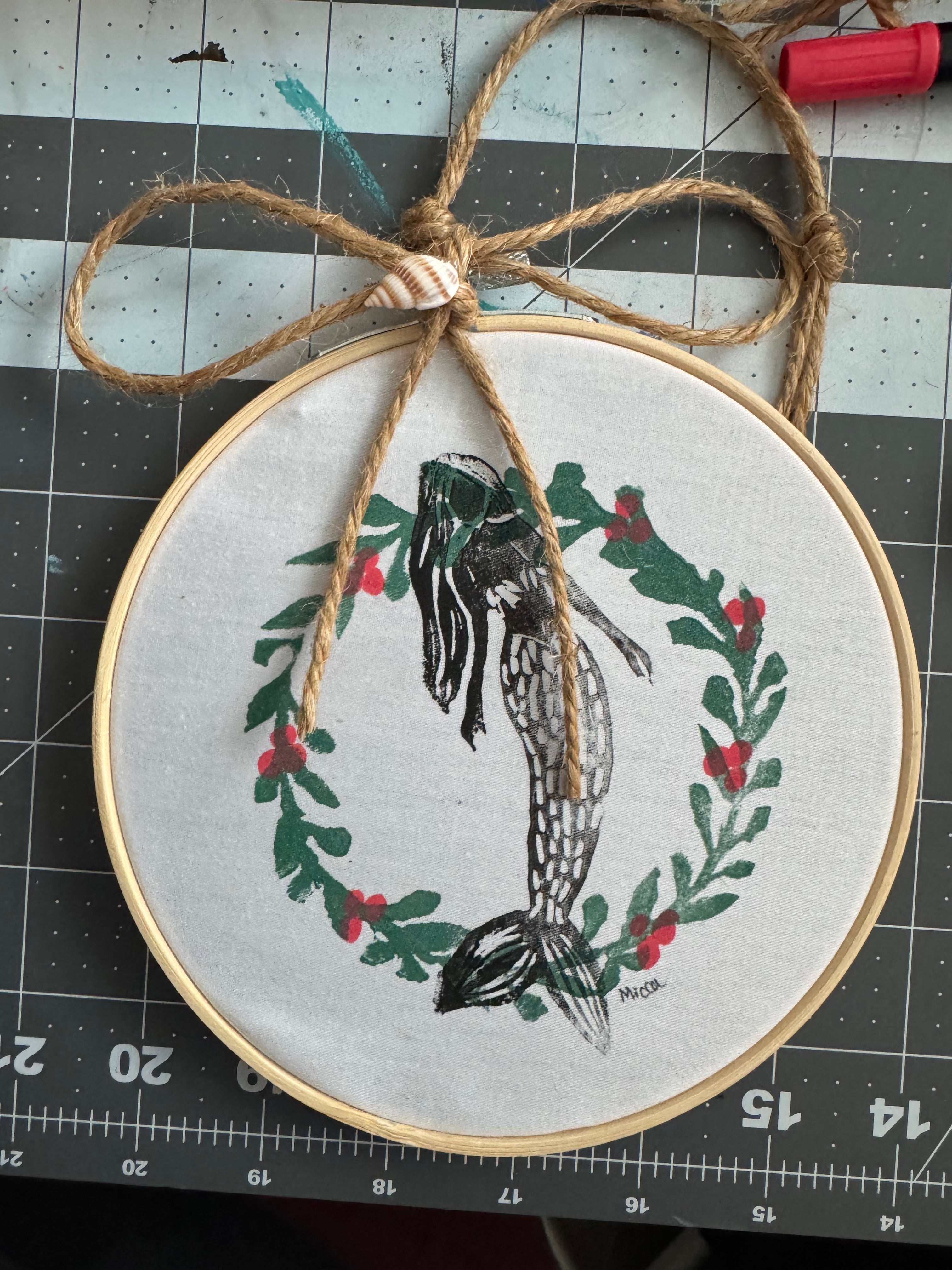 Mermaid ornament  hand printed block printed unique great gifts (Copy)