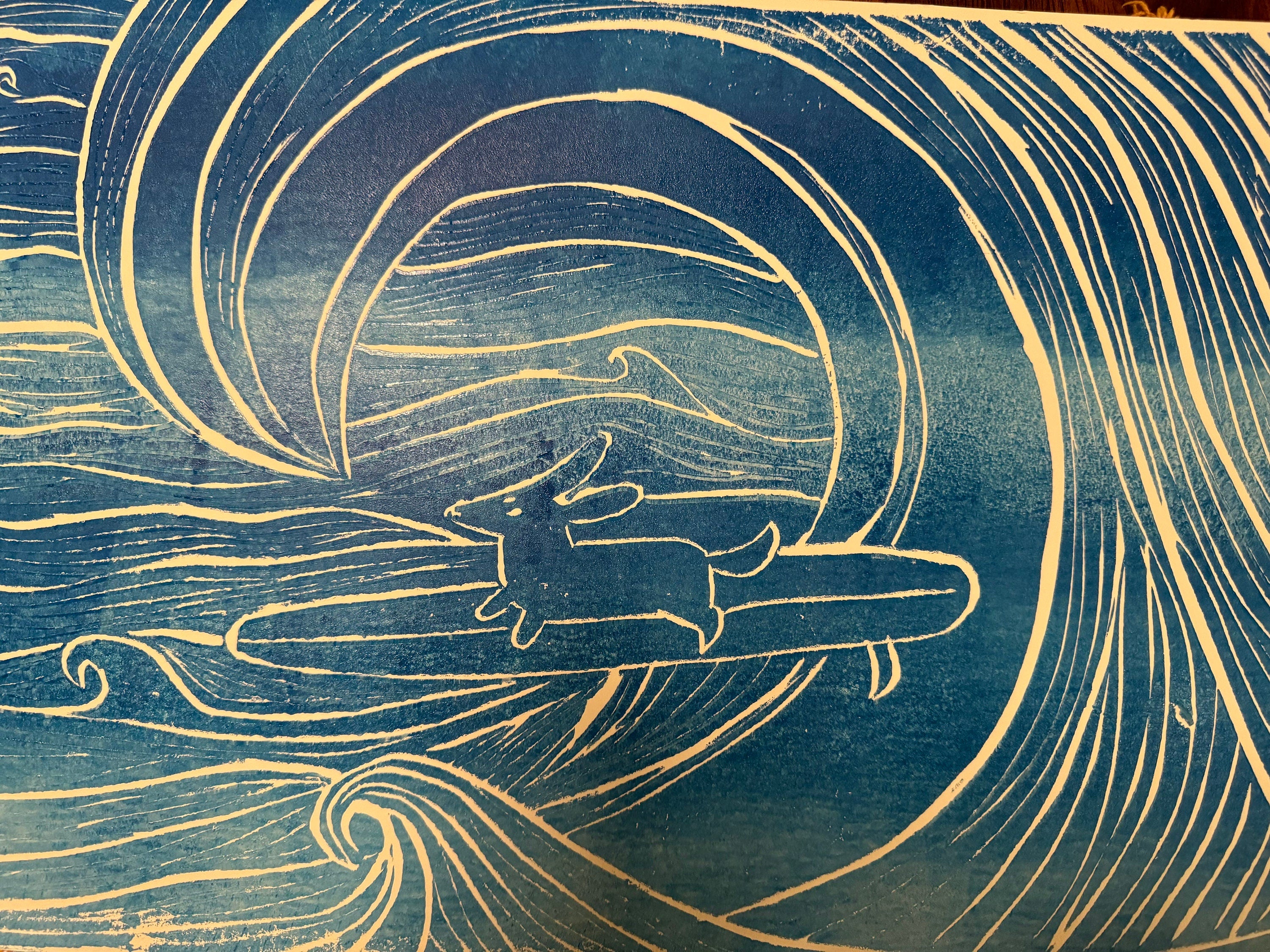 Surfer dog linoleum block print