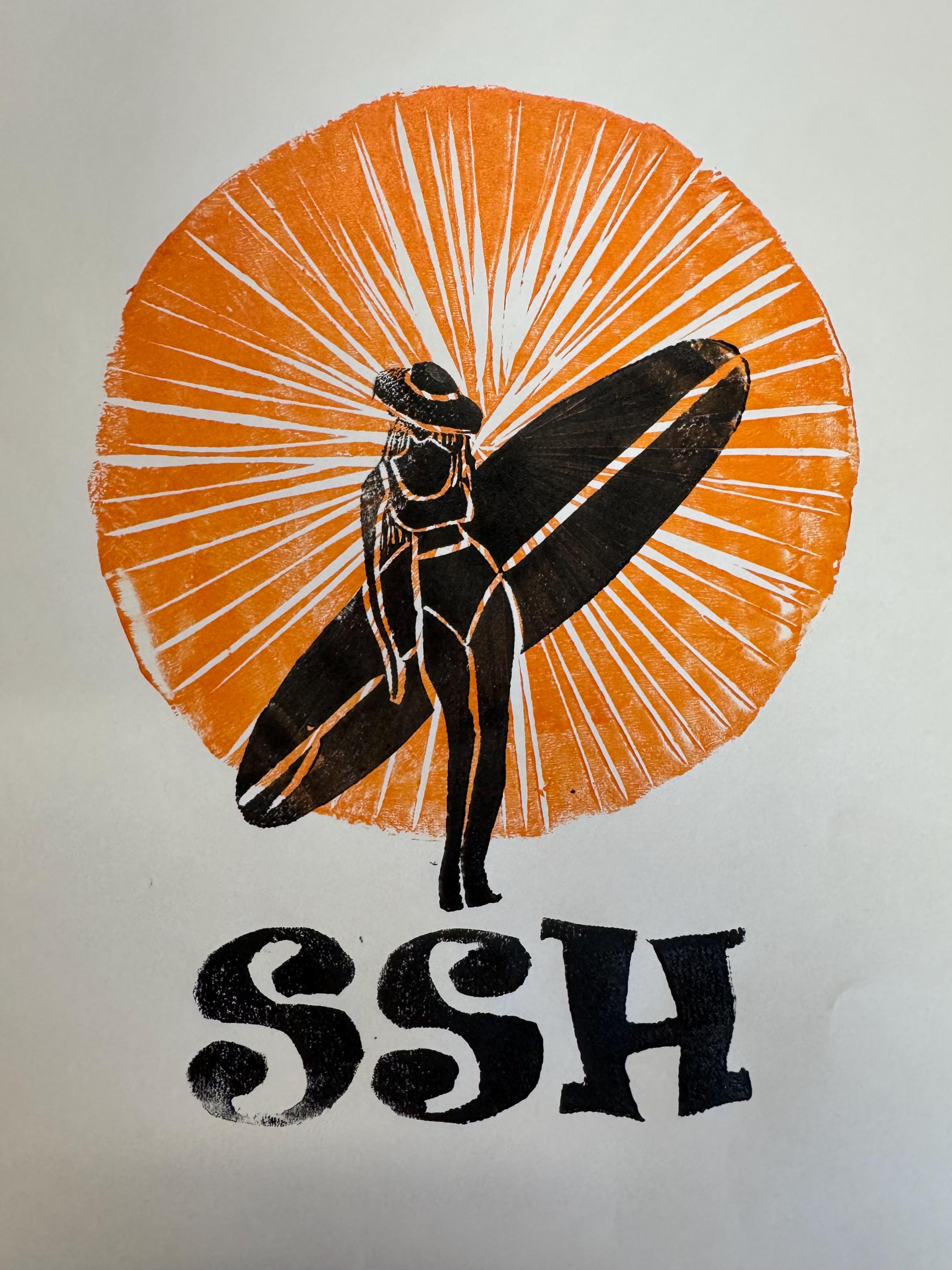 Old Skool Surfer Girl  Poster linoleum block print original designs hand printed custom order with your beach town