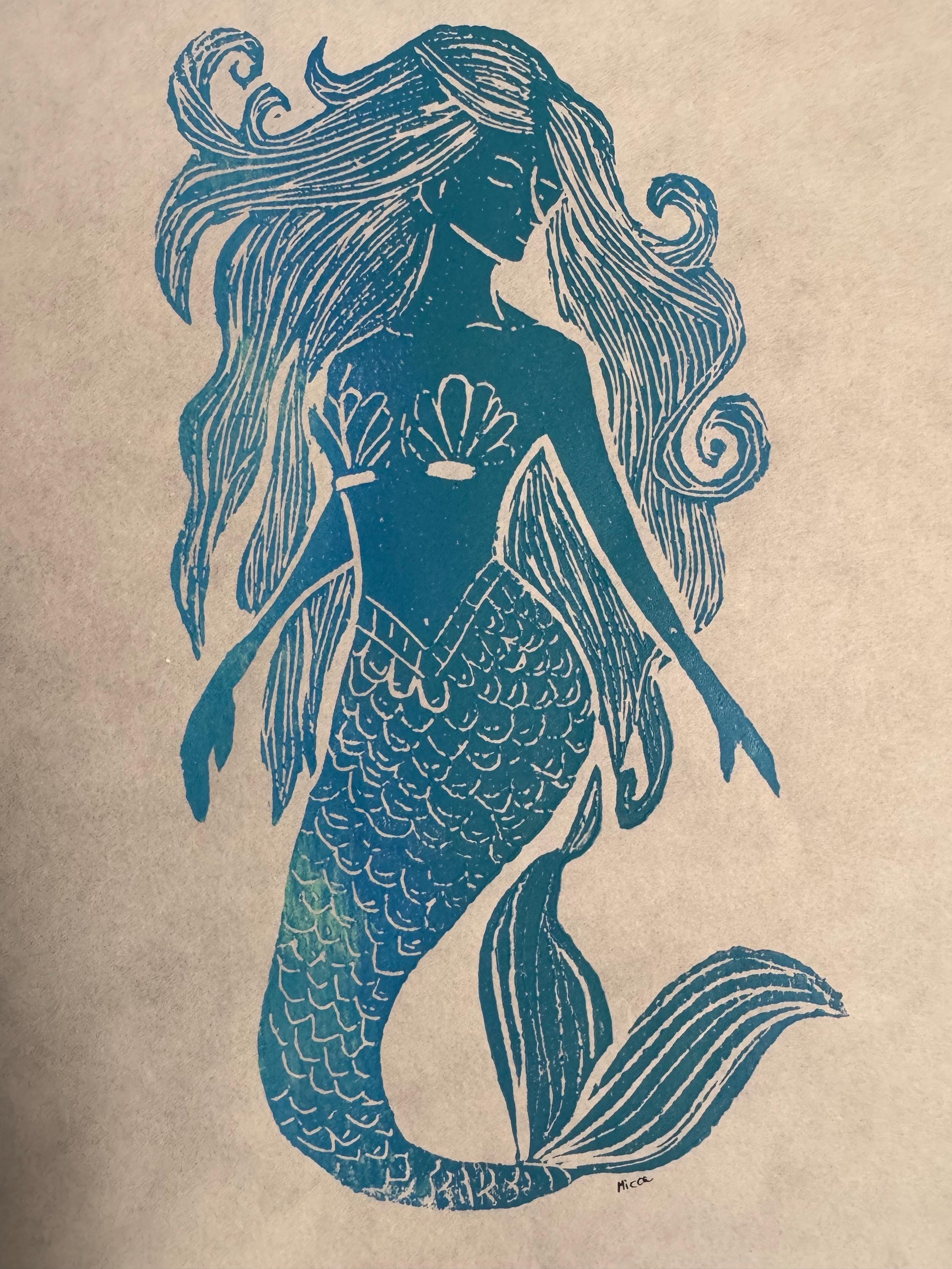 Wild Hair Mermaid linoleum block print hand printed