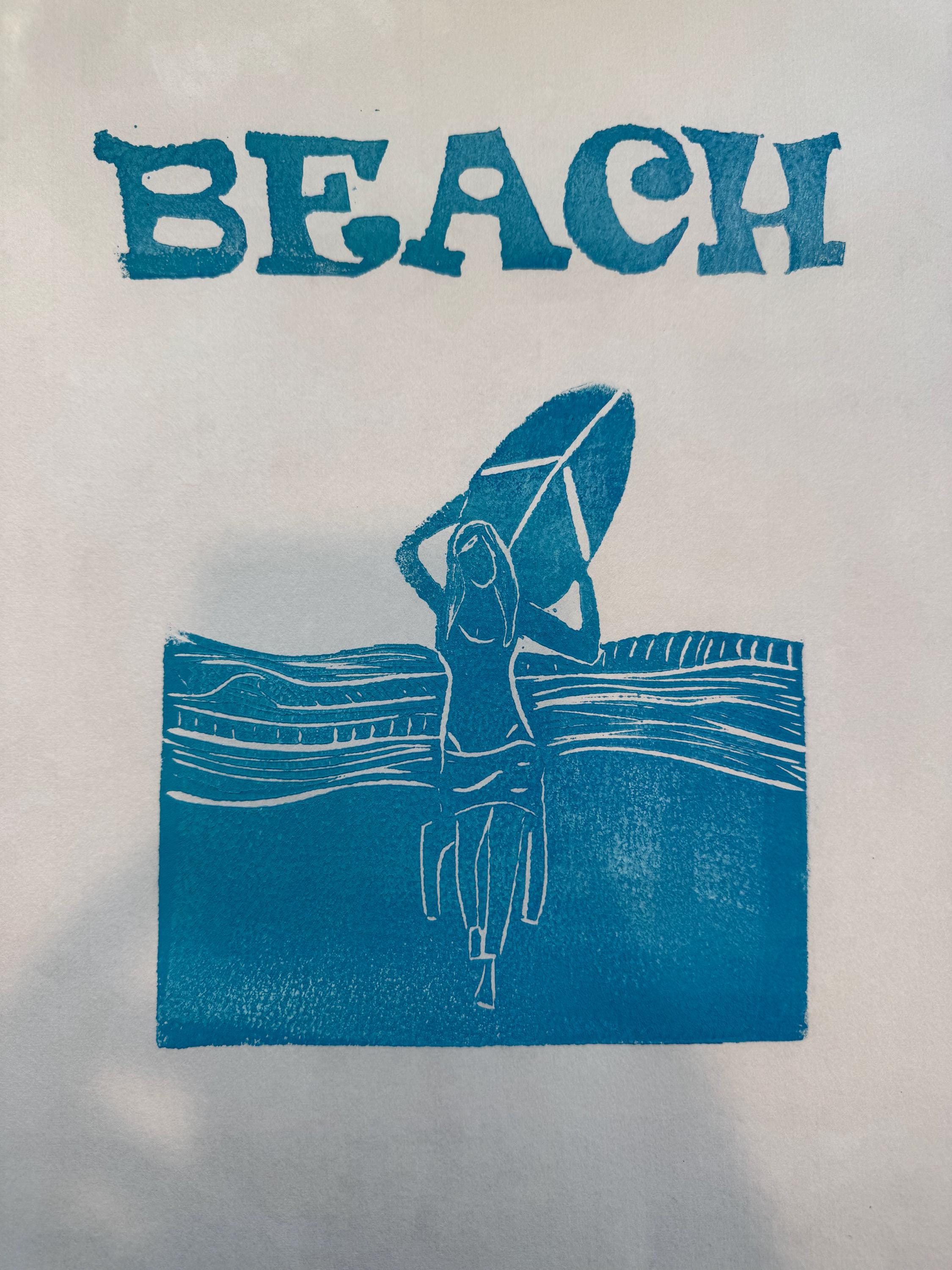 Old Skool Surfer Girl 3 Poster linoleum block print original designs hand printed custom order with your beach town