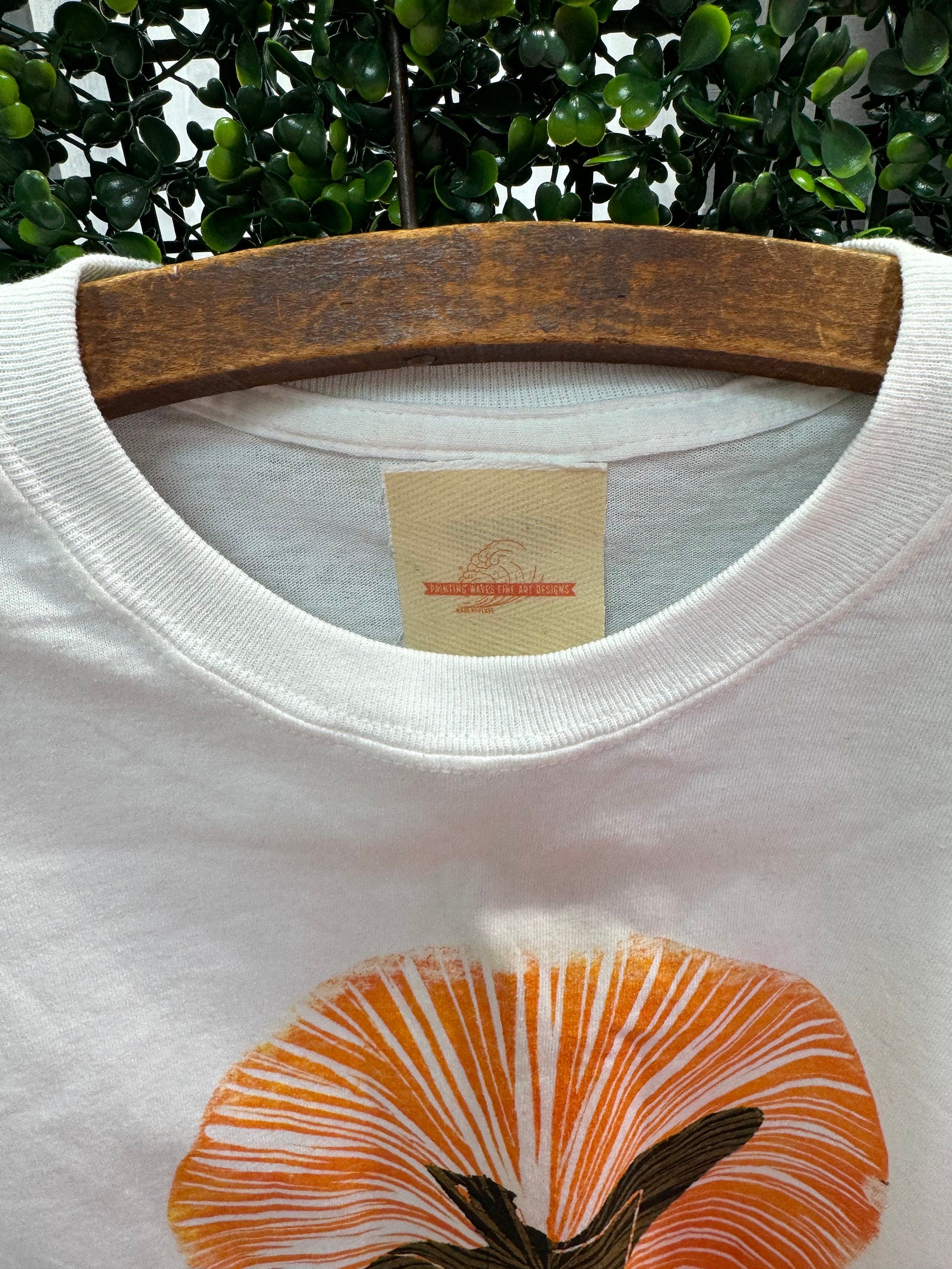 surfer girl wave white hand printed block printed T-shirt with orange sun