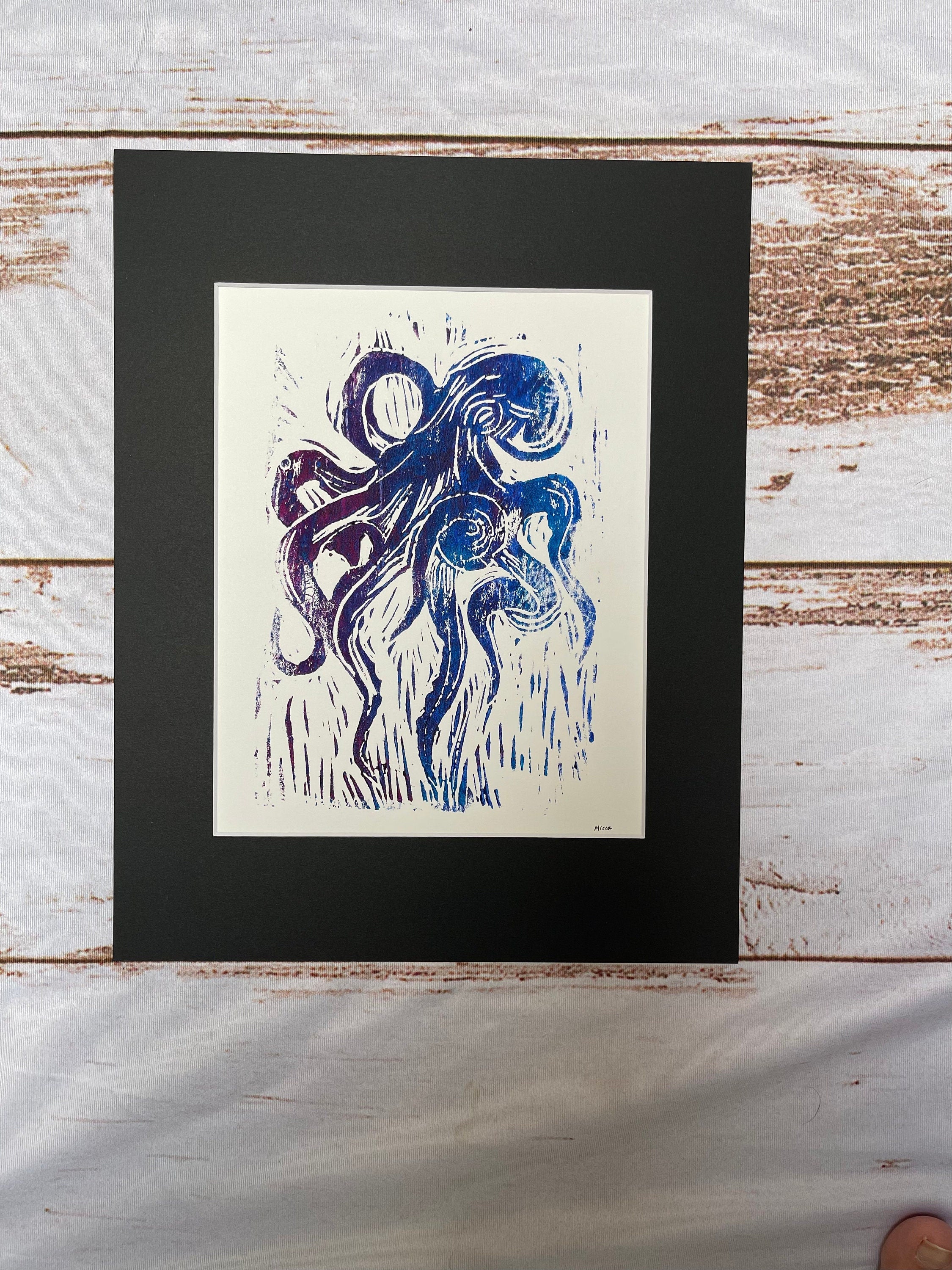 Octopus linoleum block print hand printed