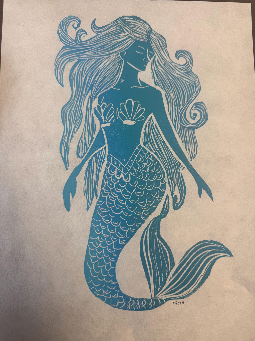 Wild Hair Mermaid linoleum block print hand printed
