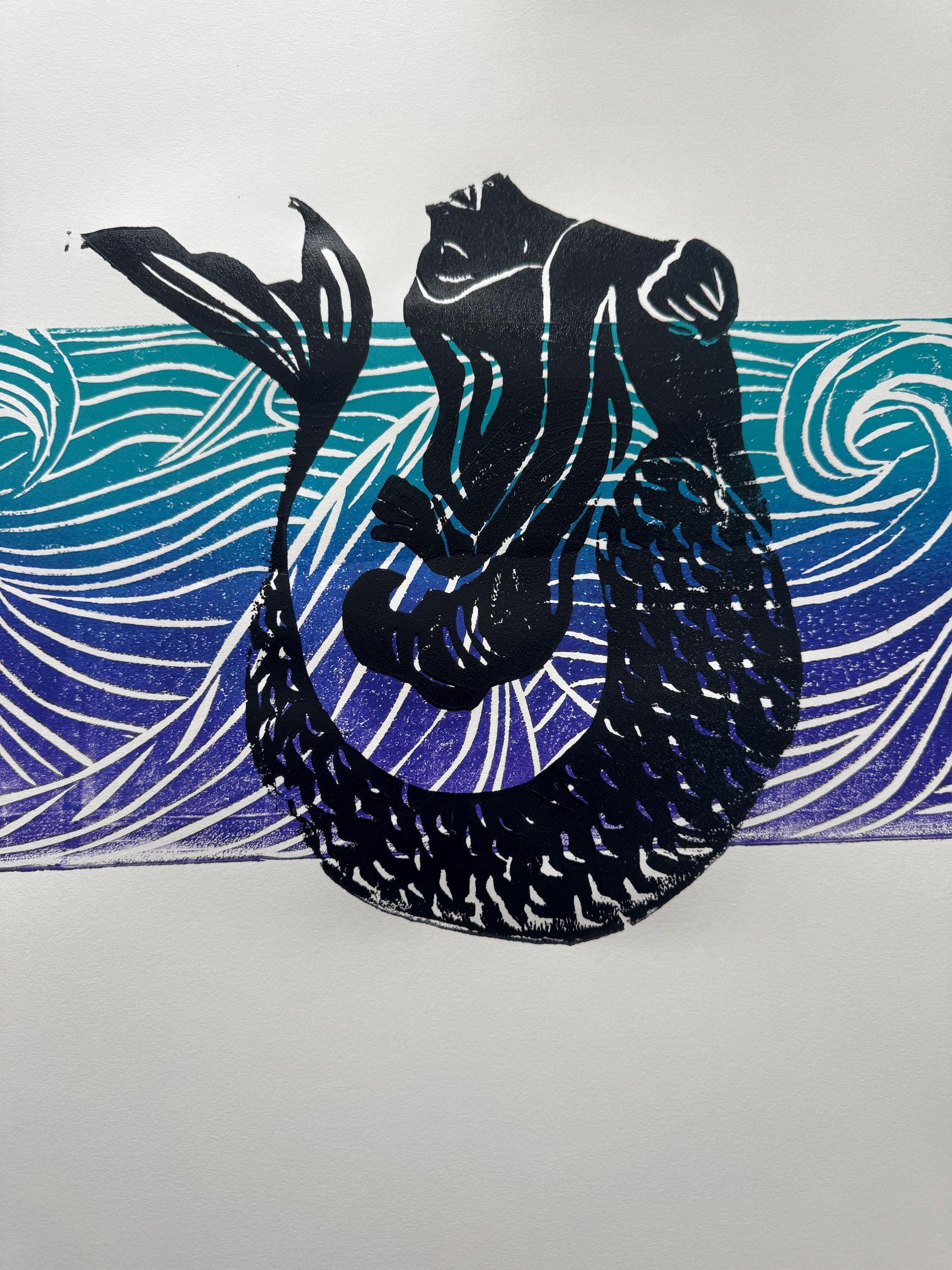 Mermaid and waves   linoleum block print original designs hand printed