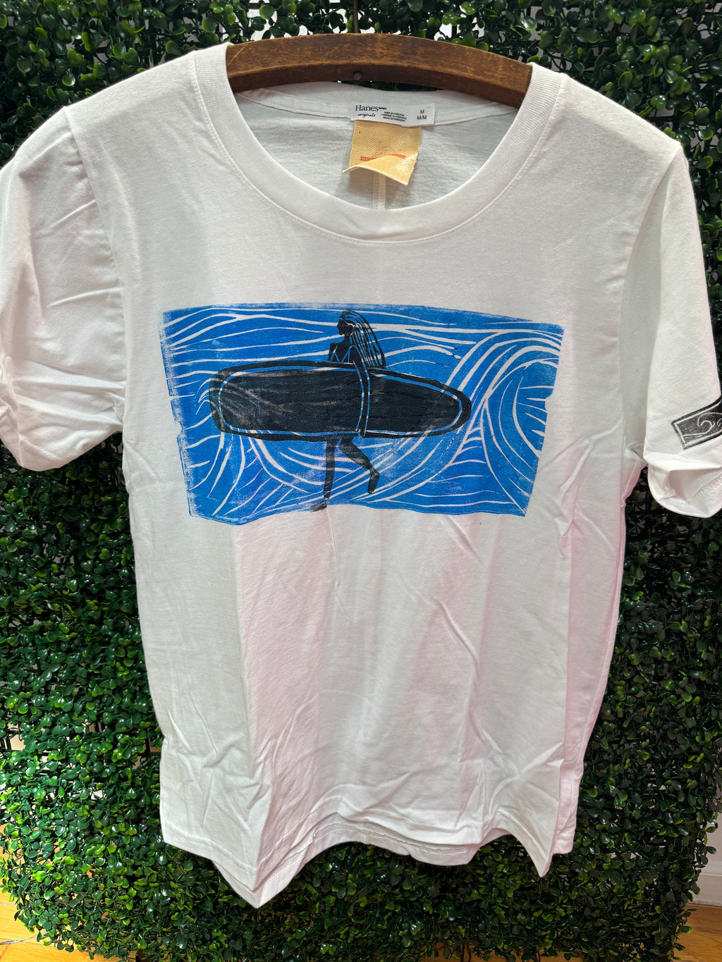 surfer girl wave white hand printed block printed T-shirt