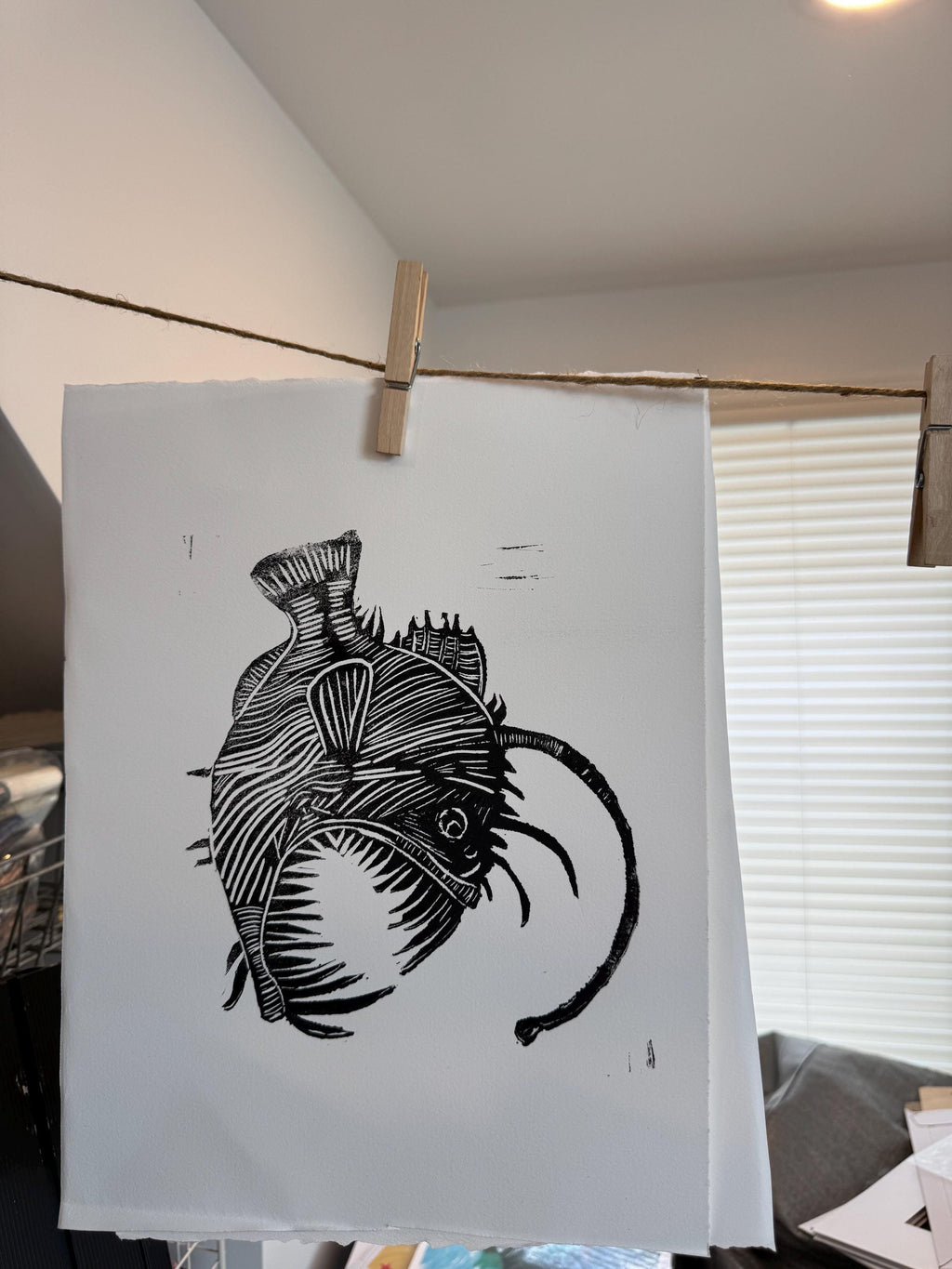 Large  Angler Fish linoleum block print hand printed