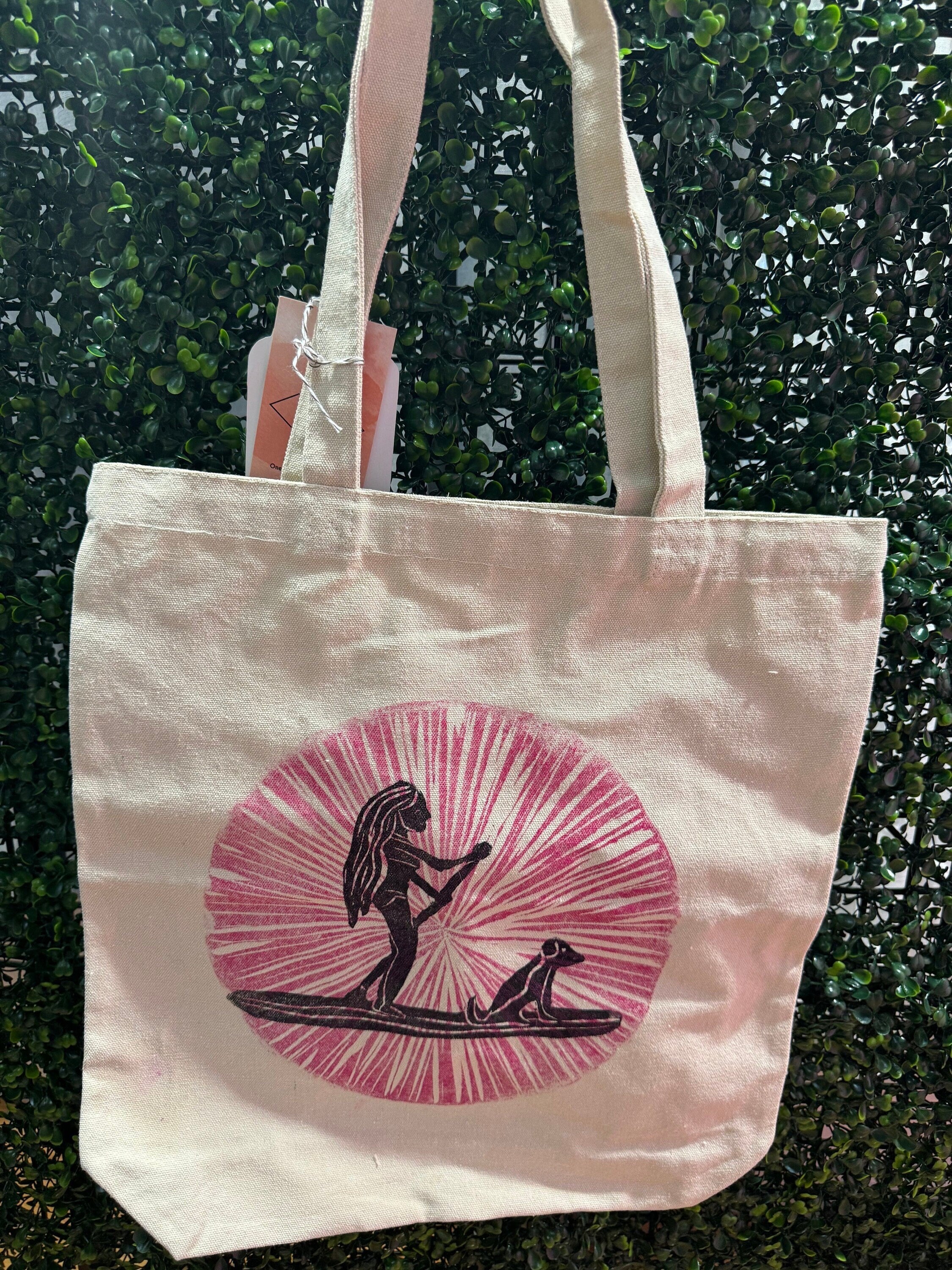 Block printed by hand Paddle boarder and pup beach tote bag