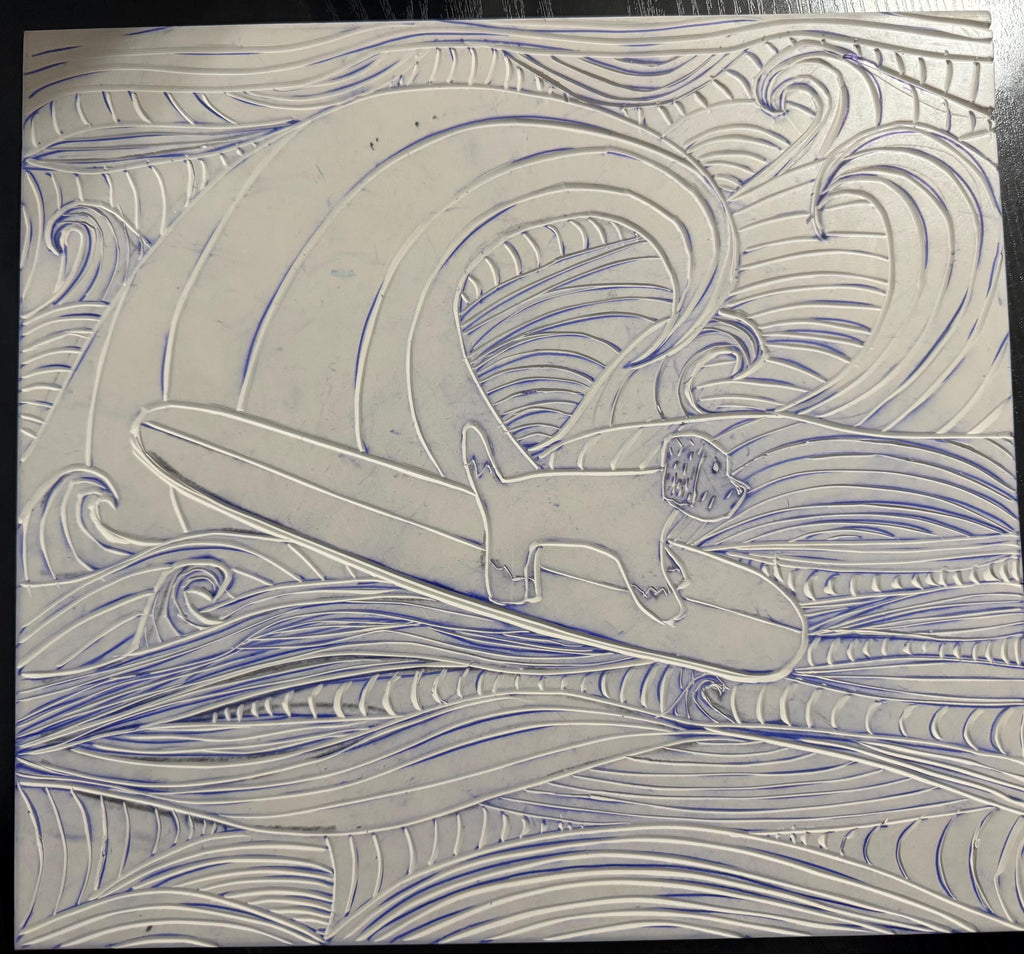 Surfer Doodle dog linoleum block print original designs hand printed