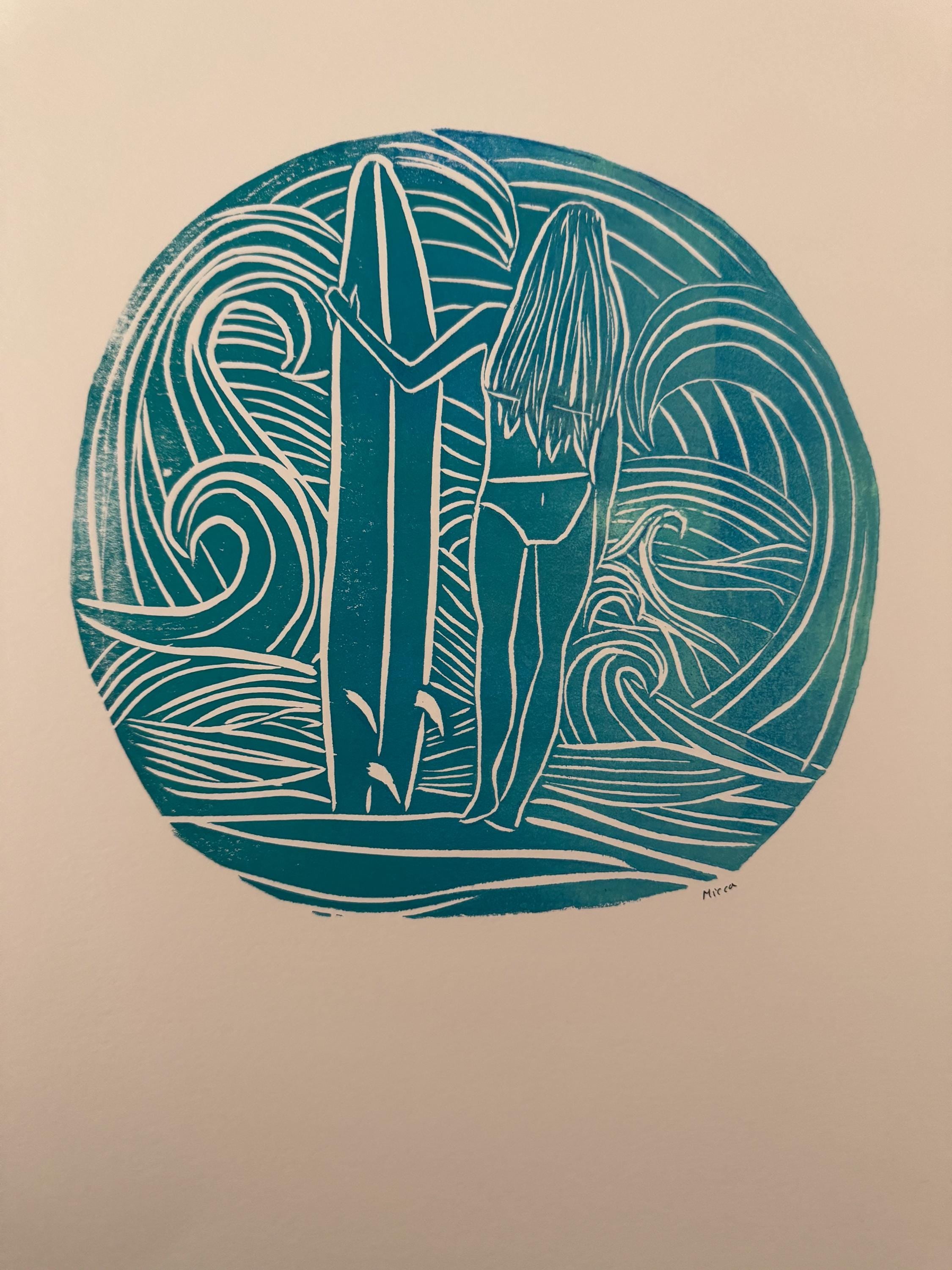 Surfer Girl linoleum block print original designs hand printed