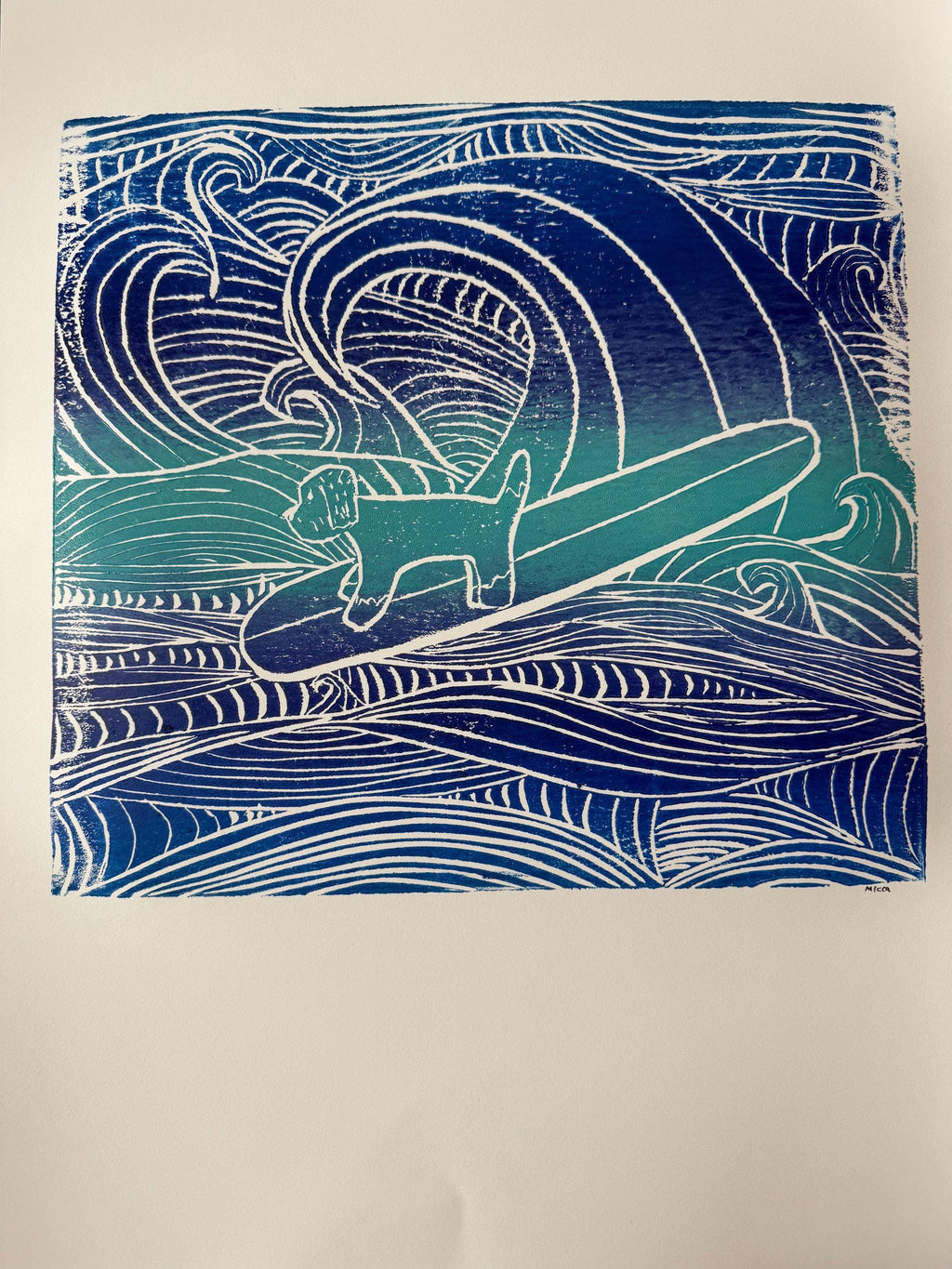 Surfer Doodle dog linoleum block print original designs hand printed