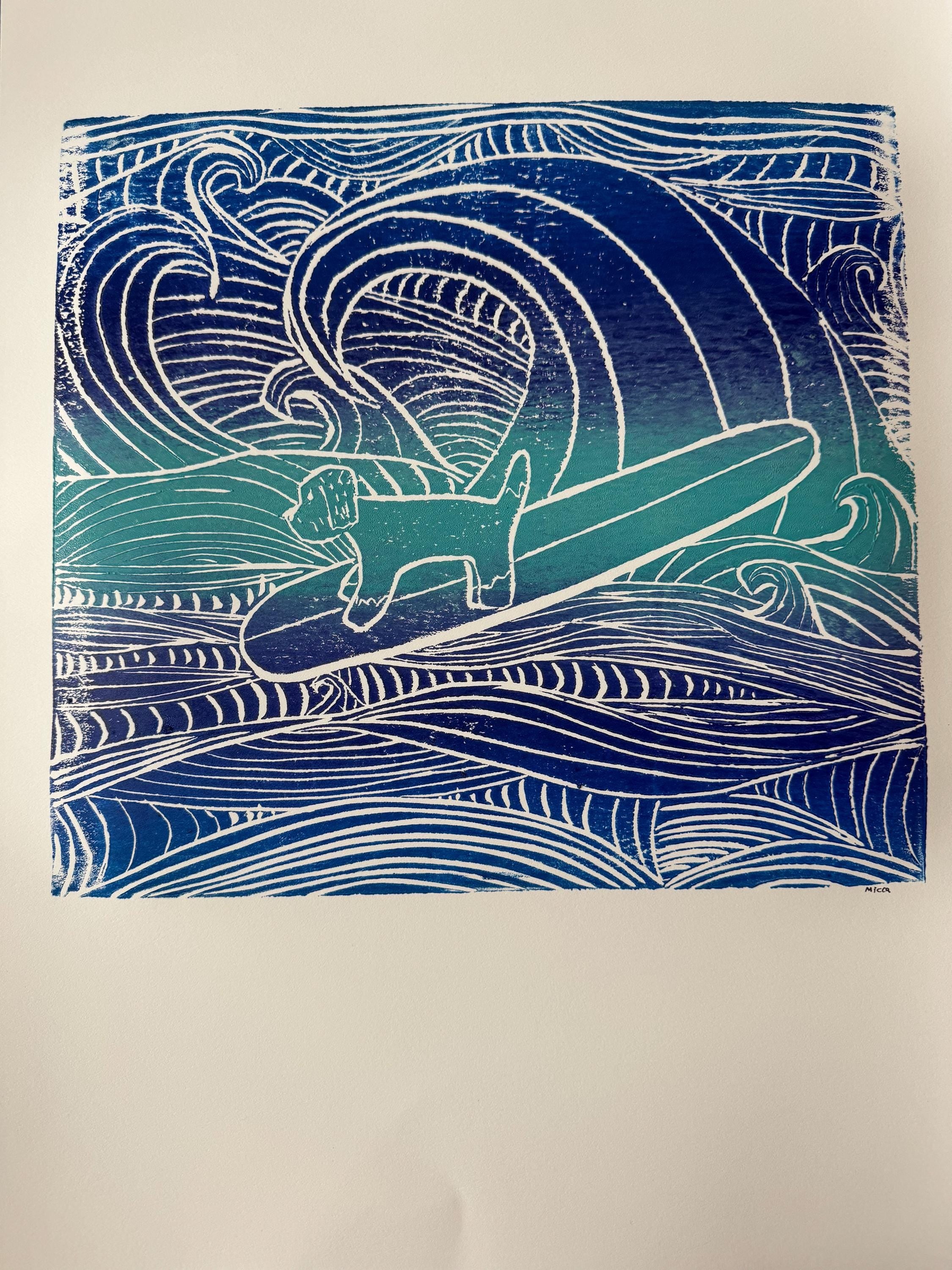 Surfer Doodle dog linoleum block print original designs hand printed