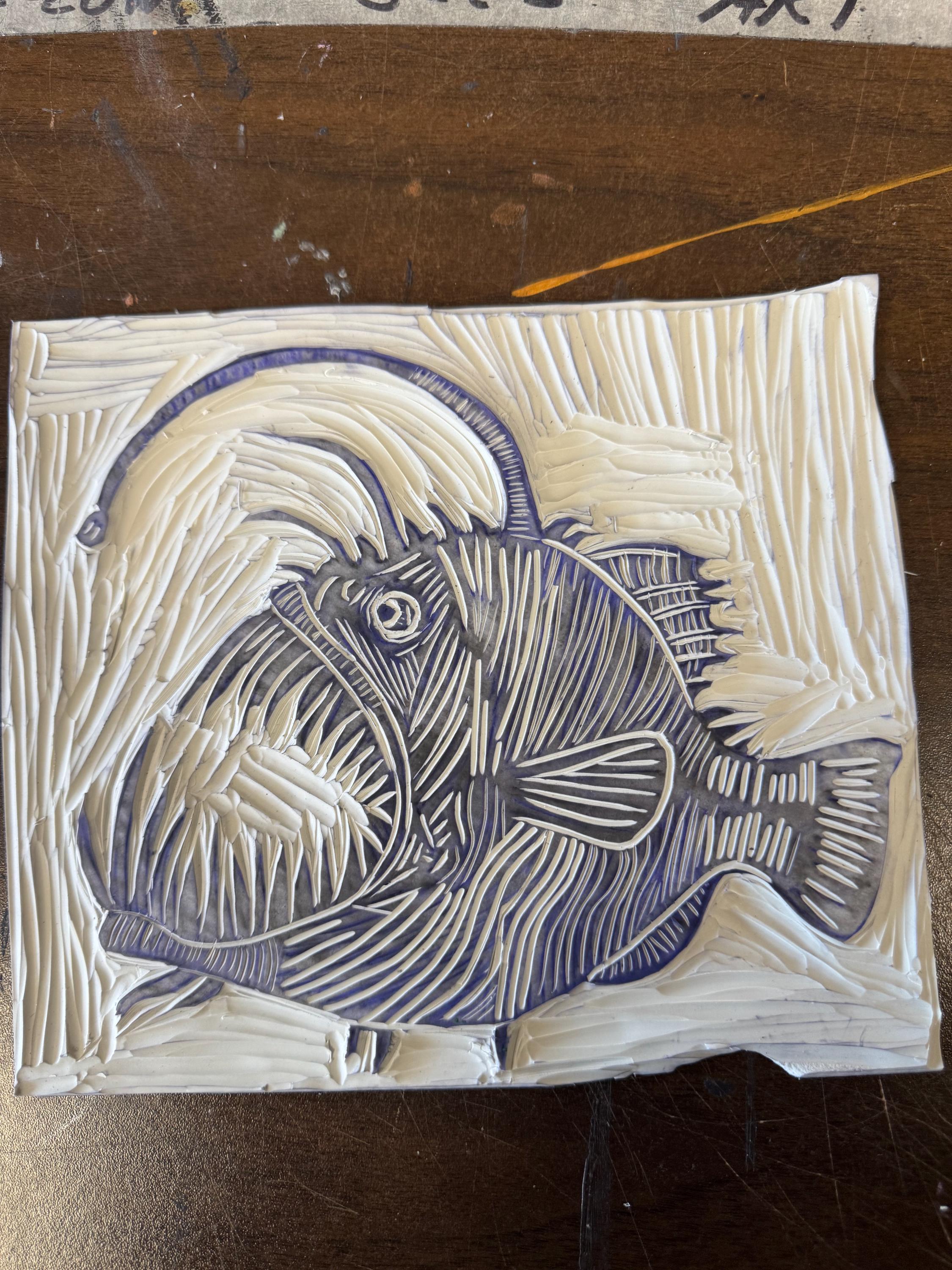 Large  Angler Fish linoleum block print hand printed