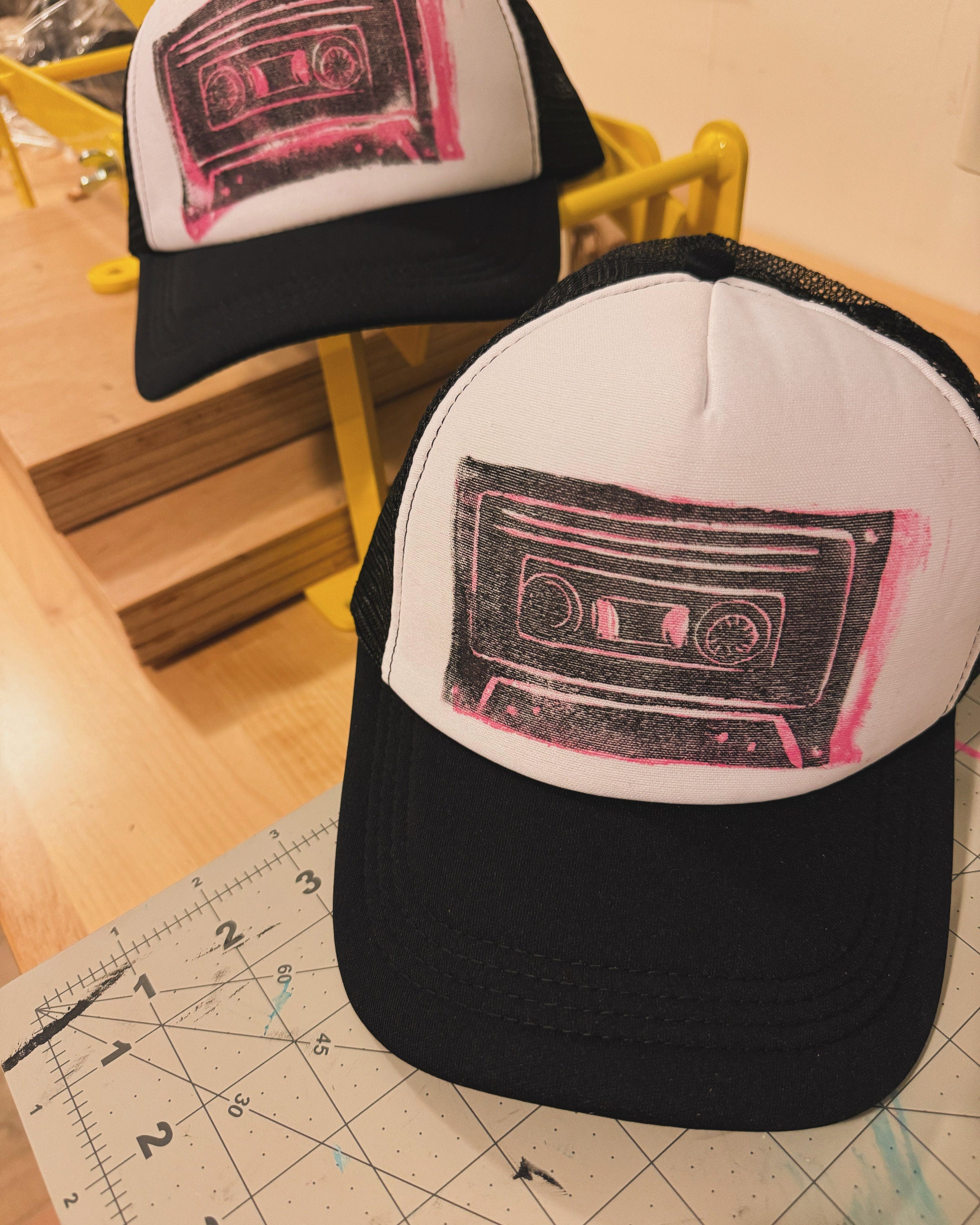 cassette tape trucker hat in pink block printed by hand