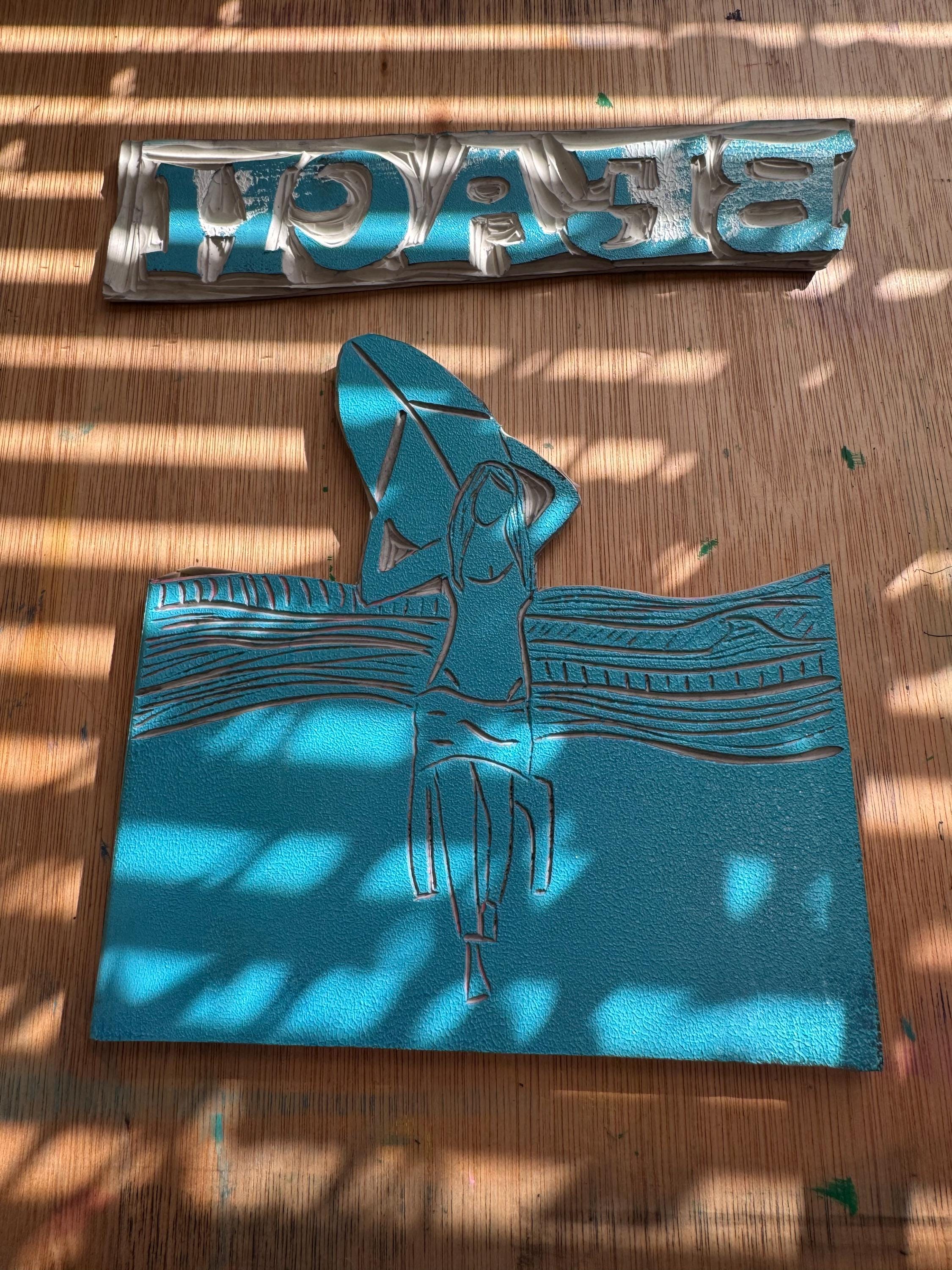 Old Skool Surfer Girl 3 Poster linoleum block print original designs hand printed custom order with your beach town