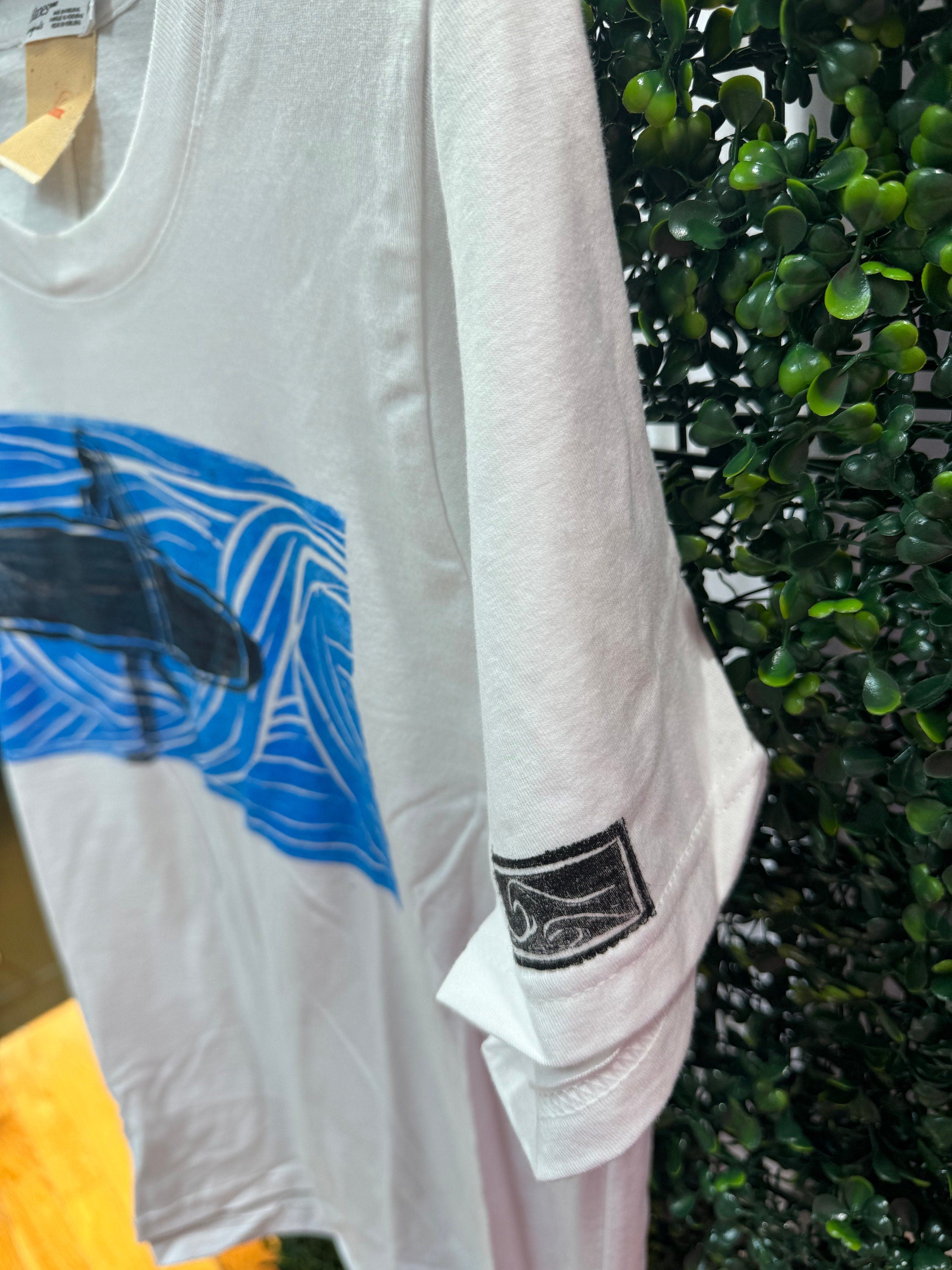 surfer girl wave white hand printed block printed T-shirt